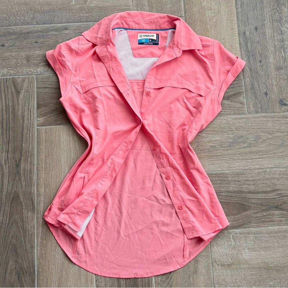Pink collared short sleeve button up top